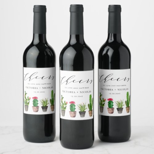 Boho Potted Succulents and Cactus Summer Wedding Wine Label