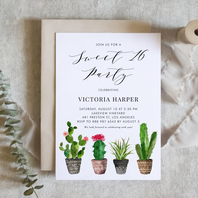 Boho Potted Succulents and Cactus Sweet 16 Party Invitation