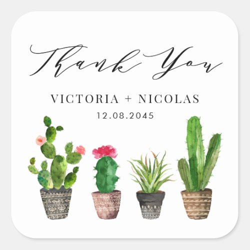 Boho Potted Succulents and Cactus Thank You Square Sticker