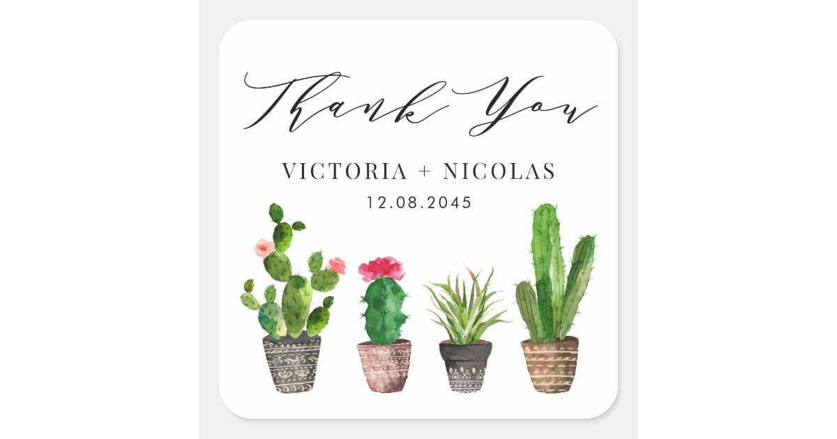 Boho Potted Succulents and Cactus Thank You Square Sticker | Zazzle