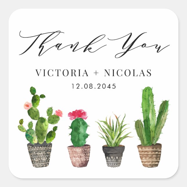 Boho Potted Succulents and Cactus Thank You Square Sticker (Front)