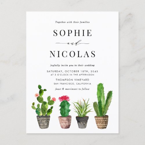 Boho Potted Succulents and Cactus Wedding Invitation Postcard