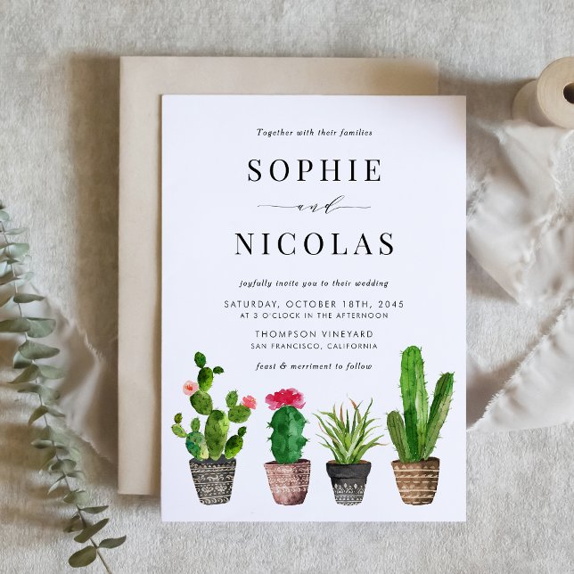 Boho Potted Succulents and Cactus Wedding Invitation Postcard (Boho Potted Succulents and Cactus Wedding Invitation Postcard)