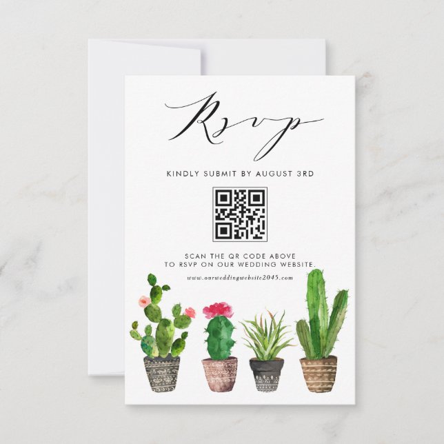 Boho Potted Succulents and Cactus Wedding QR Code RSVP Card (Front)