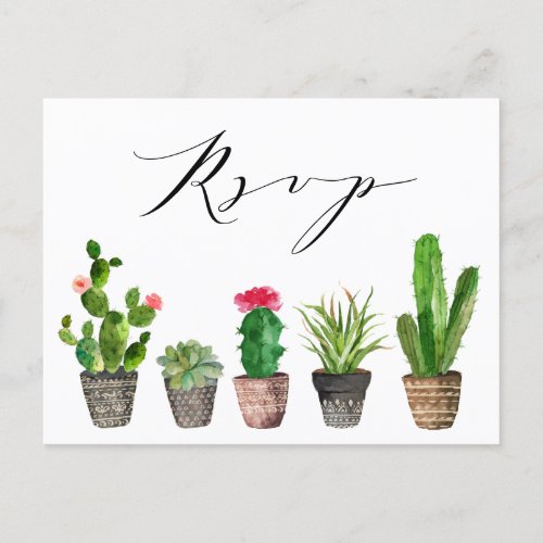 Boho Potted Succulents and Cactus Wedding RSVP Postcard