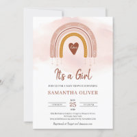 Boho Powder Pink Rainbow It's a Girl Baby Shower Invitation