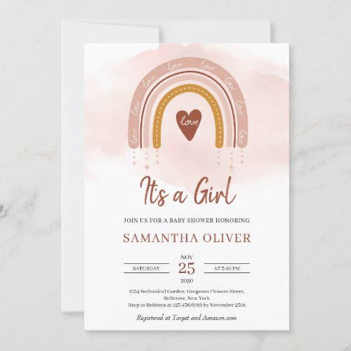 Boho Powder Pink Rainbow Its a Girl Baby Shower Invitation