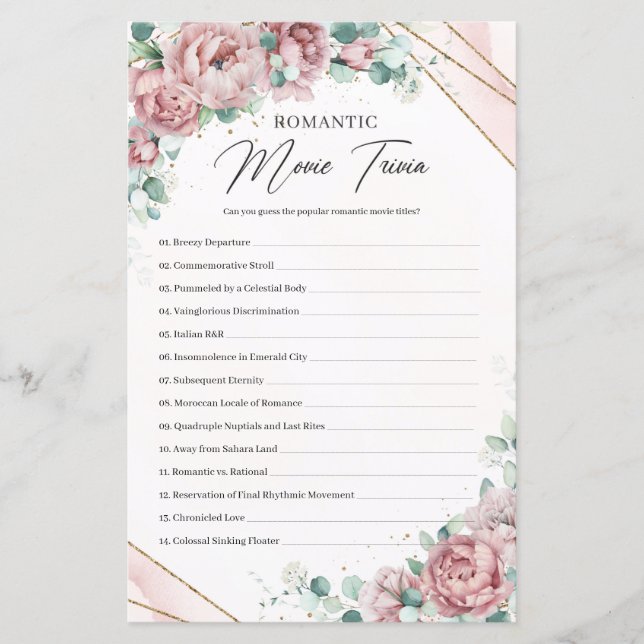Boho powder pink roses gold Romantic Movie Trivia (Front)
