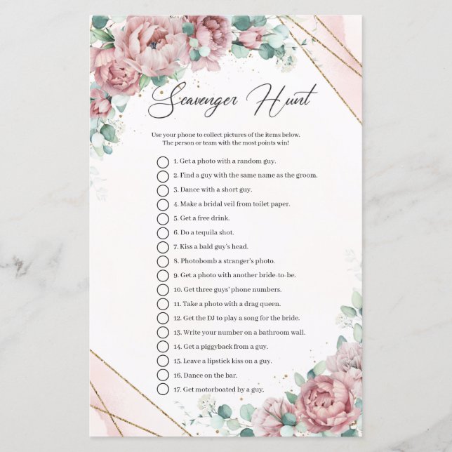 Boho powder pink roses greenery Scavenger Hunt (Front)