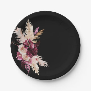 Boho Premium Roses Burgundy Black Wedding Paper Plates
