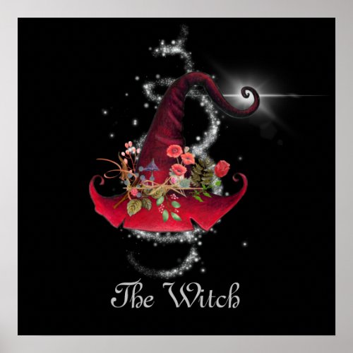 Boho Pretty Floral Witches Red Hat Poster Black