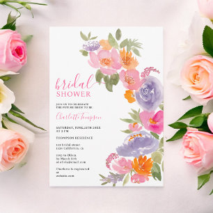 Boho Pretty pink floral watercolor bridal shower Invitation