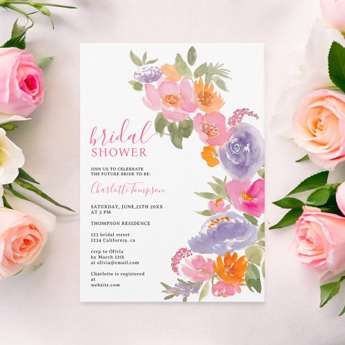 Boho Pretty pink floral watercolor bridal shower Invitation