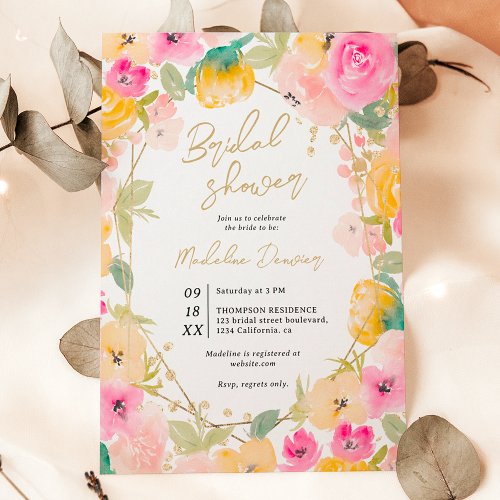 Boho pretty summer gold flowers bridal shower invitation