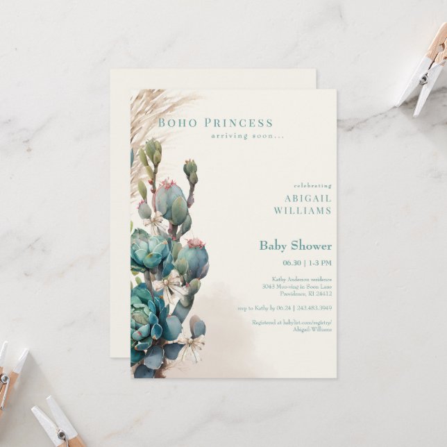 Boho Princess Cactus & Bows Baby Shower Invitation (Front/Back In Situ)