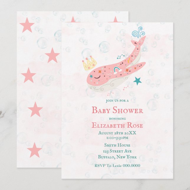 Boho Princess Whale Girl Baby Shower Invitations  (Front/Back)