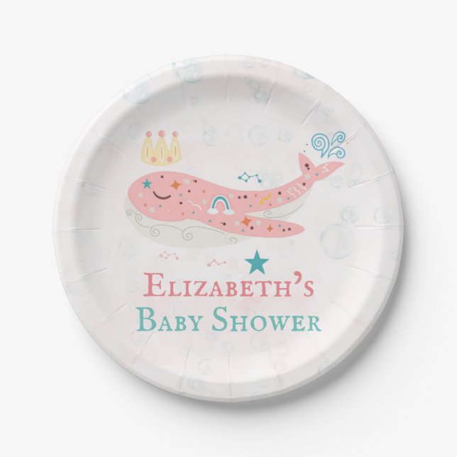 Boho Princess Whale Girl Baby Shower  Paper Plates (Front)