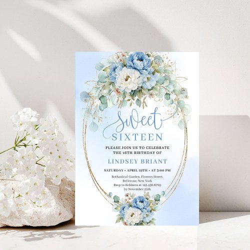 Boho Printable Dusty Blue Peony Gold Sweet Sixteen