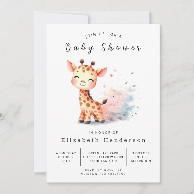 Boho Printable Giraffe Baby Shower Invitation (Front)