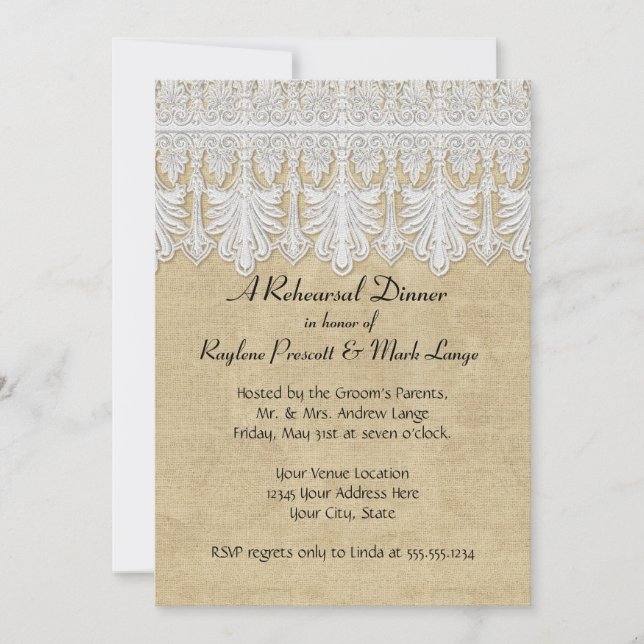 BOHO Printed Burlap n Lace gypsy Modern Mod Style Invitation (Front)