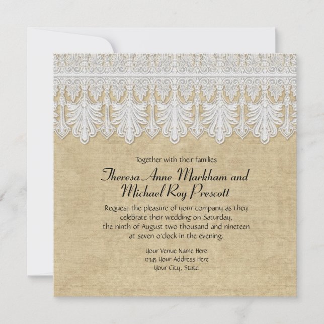 BOHO Printed Burlap n Lace gypsy Modern Mod Style Invitation (Front)