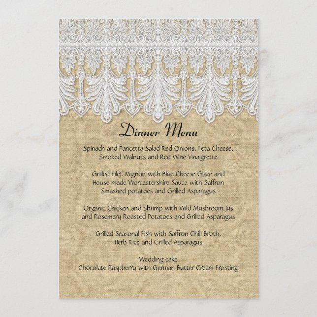 BOHO Printed Burlap n Lace gypsy Modern Mod Style Menu (Front)