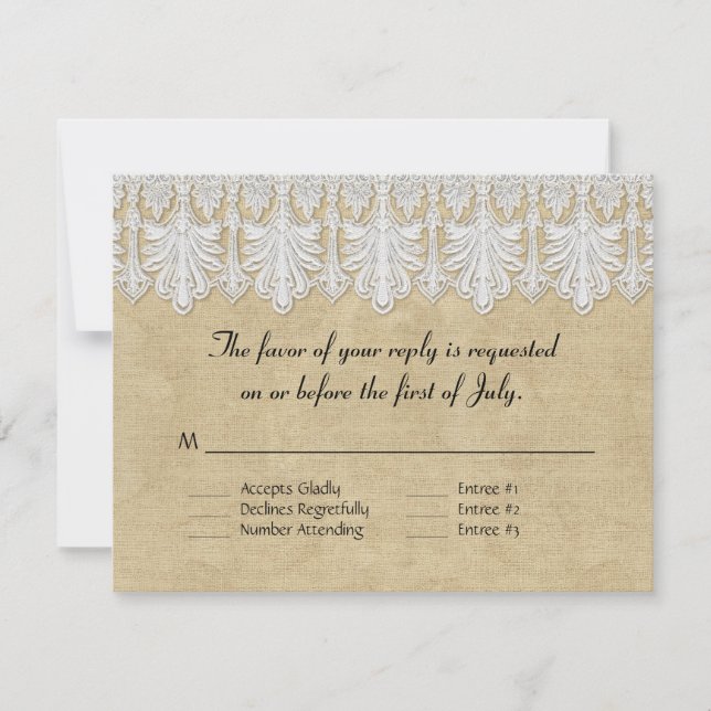 BOHO Printed Burlap n Lace gypsy Modern Mod Style RSVP Card (Front)