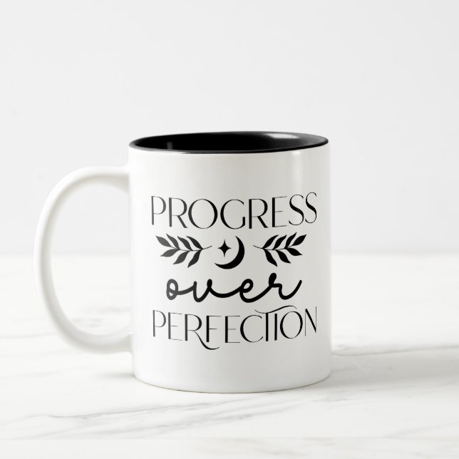 Boho Progress Over Perfection Inspirational Two-Tone Coffee Mug (Left)
