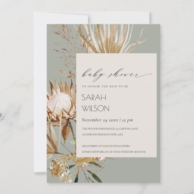 Boho Protea Dried Palm Floral Baby Shower Invite (Front)