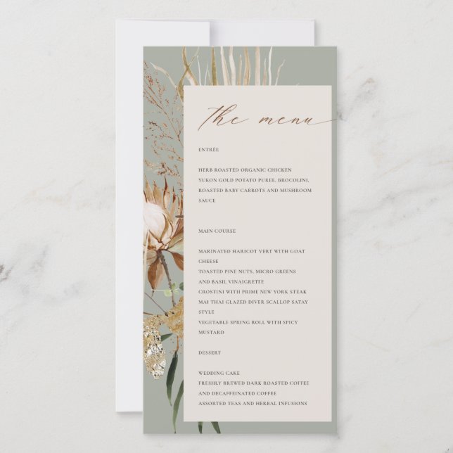 Boho Protea Dried Palm Floral Wedding Menu Card (Front)