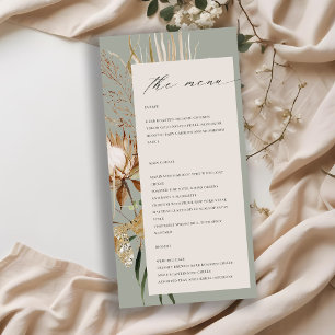 Boho Protea Dried Palm Floral Wedding Menu Card