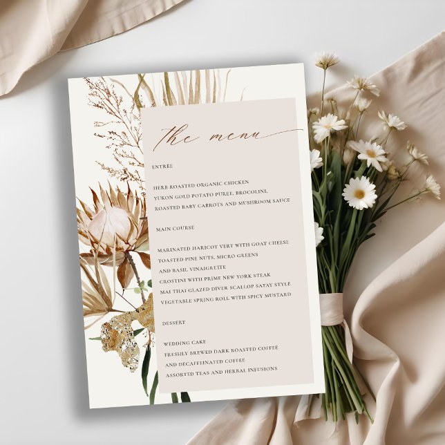 Boho Protea Dried Palm Floral Wedding Menu Card (Creator Uploaded)