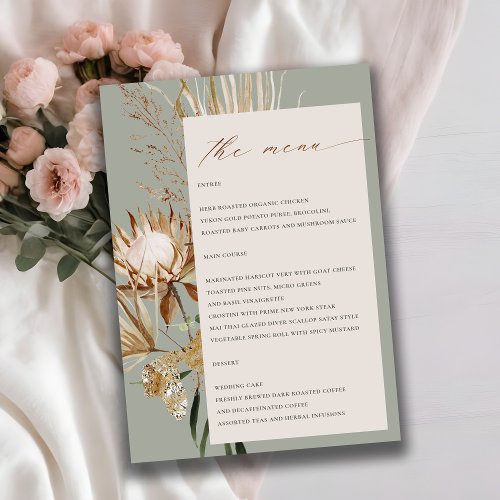 Boho Protea Dried Palm Floral Wedding Menu Card