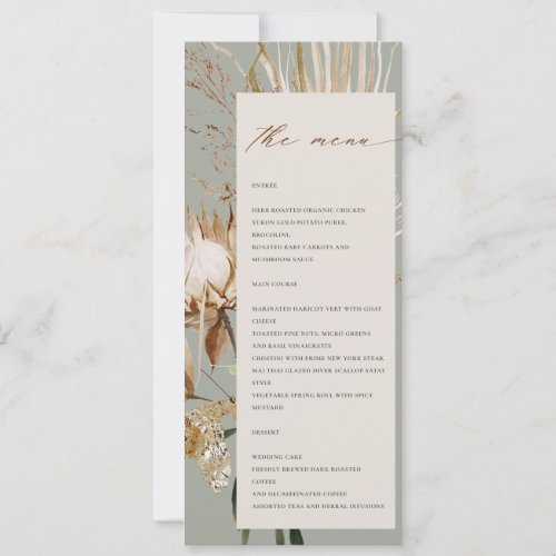 Boho Protea Dried Palm Floral Wedding Menu Card