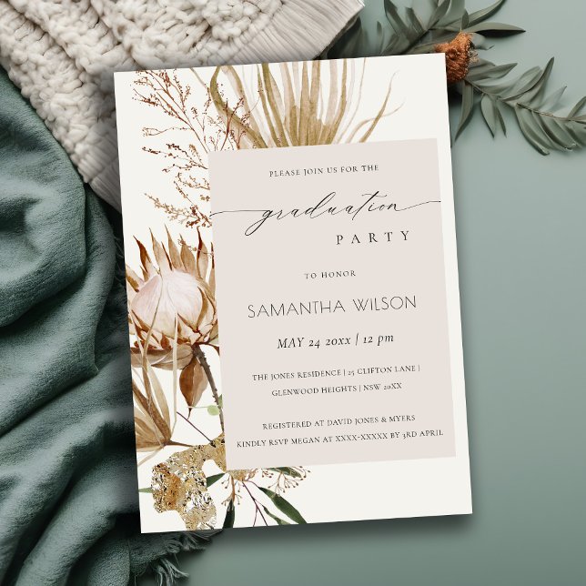 Boho Protea Dry Palm Flora Photo Graduation Invite (Creator Uploaded)