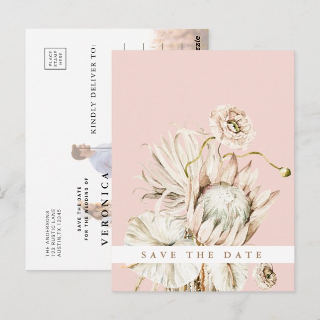 Boho Protea Pampas Grass Blush Save the Date Photo Postcard (Front/Back)
