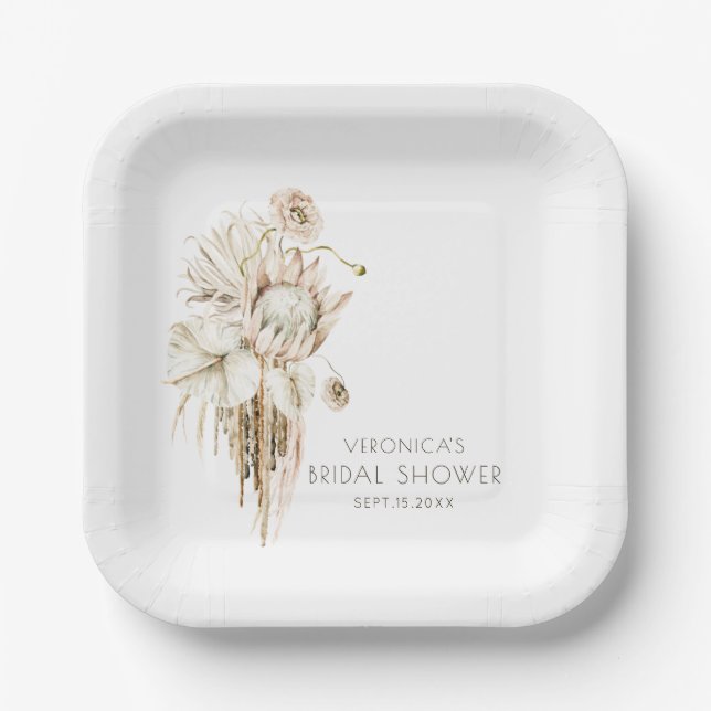 Boho Protea Pampas Grass Bridal Shower  Paper Plates (Front)