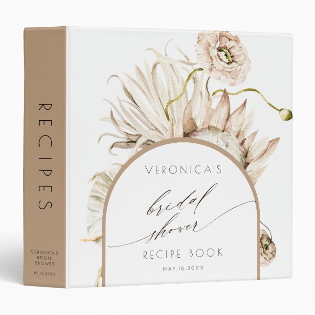 Boho Protea Pampas Grass Bridal Shower Recipe Book 3 Ring Binder (Front/Spine)
