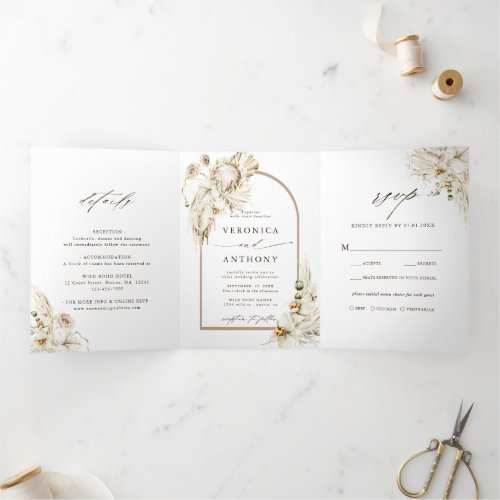 Boho Protea Pampas Grass Floral Arch Wedding Tri_Fold Invitation