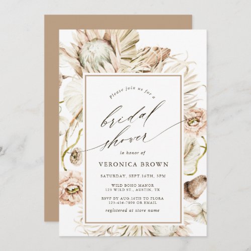 Boho Protea Pampas Grass Floral Bridal Shower Invitation