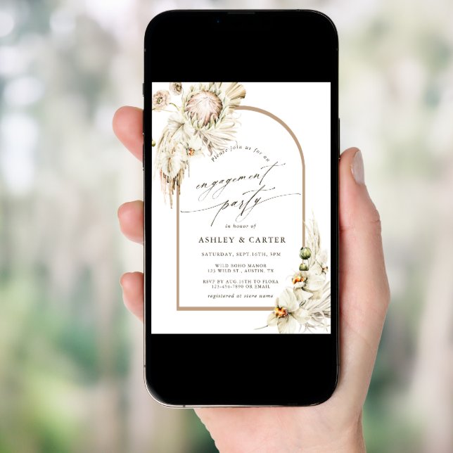 Boho Protea Pampas Grass Floral Engagement Party Invitation (Front Digital)