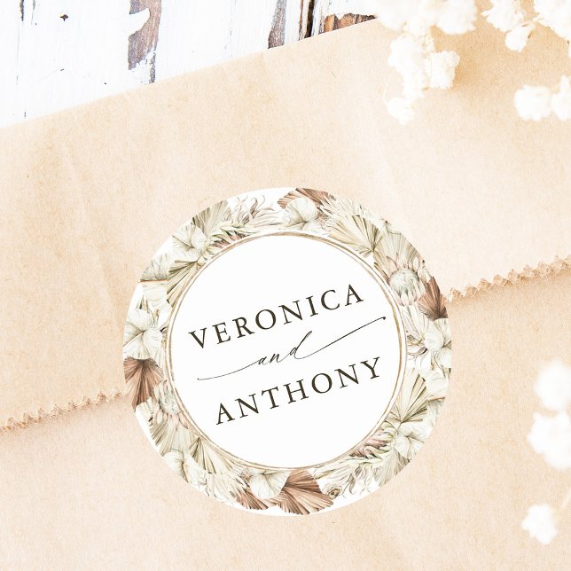 Boho Protea Pampas Grass Floral Wedding Classic Round Sticker (Creator Uploaded)