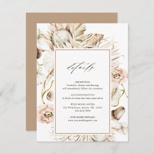 Boho Protea Pampas Grass Floral Wedding Details  Enclosure Card