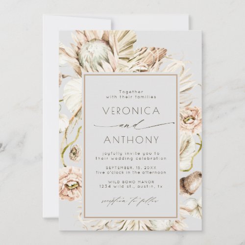 Boho Protea Pampas Grass Floral Wedding Gray Invitation