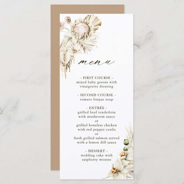 Boho Protea Pampas Grass Floral Wedding Menu (Front/Back)
