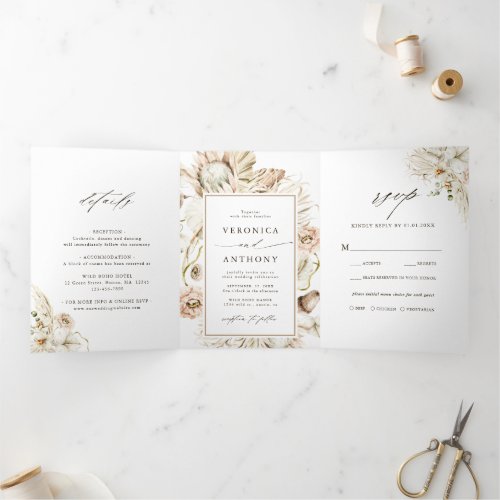 Boho Protea Pampas Grass Floral Wedding Photo Tri_Fold Invitation