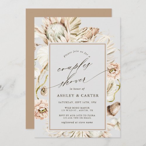 Boho Protea Pampas Grass Gray Couples Shower Invitation