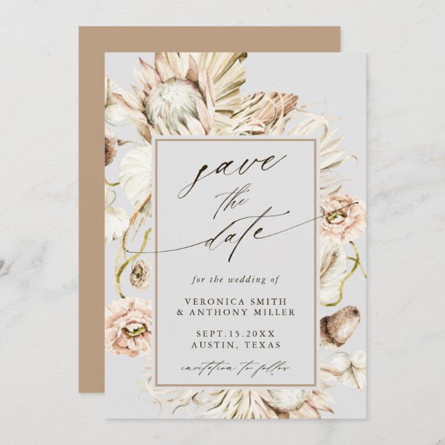 Boho Protea Pampas Grass Gray Wedding Photo Save The Date (Front/Back)