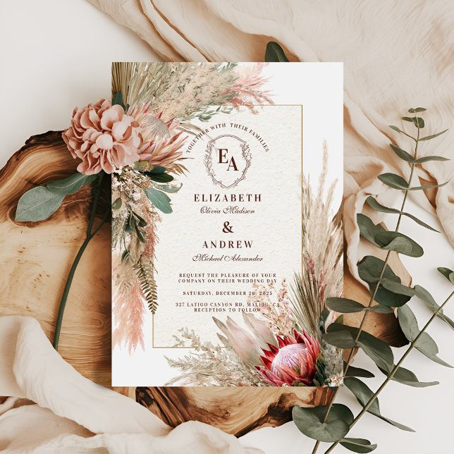 Boho Protea Pampas Grass Rustic Wedding Invitation (Creator Uploaded)
