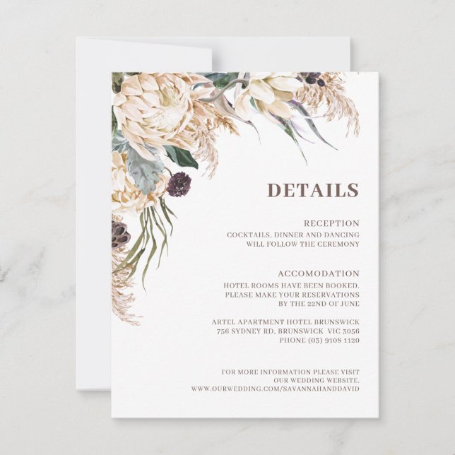Boho Protea Pampas Grass Wedding Details Card (Front)